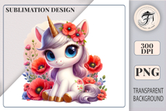 Watercolor unicorn with pink mane and blooming poppies – for t-shirts, mugs, nursery prints.