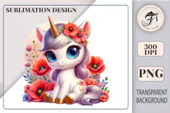 Watercolor unicorn with pink mane and blooming poppies – for t-shirts, mugs, nursery prints.