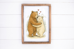 Bear couple clipart PNG with hand-drawn ink lines and watercolor texture, isolated on a transparent background for creative projects.