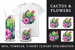 Watercolor beautiful cactus floral pink flowers sparkle print 20 oz tumbler skinny mug wrap clipart t-shirt sublimation printable design