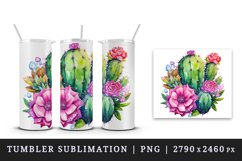 Watercolor beautiful cactus floral pink flowers sparkle print 20 oz tumbler skinny mug wrap clipart t-shirt sublimation printable design