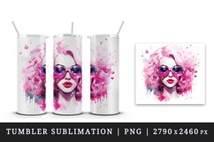 Watercolor beautiful glamour woman girl with pink glasses glamorous style 20oz tumbler skinny mug wrap clipart t-shirt sublimation printable design