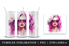 Watercolor beautiful glamour woman girl with pink glasses glamorous style 20oz tumbler skinny mug wrap clipart t-shirt sublimation printable design