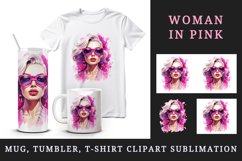 Watercolor beautiful glamour woman girl with pink glasses glamorous style 20oz tumbler skinny mug wrap clipart t-shirt sublimation printable design