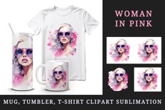 Watercolor beautiful glamour woman girl with pink glasses glamorous style 20oz tumbler skinny mug wrap clipart t-shirt sublimation printable design