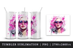 Watercolor beautiful glamour woman girl with pink glasses glamorous style 20oz tumbler skinny mug wrap clipart t-shirt sublimation printable design