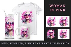 Watercolor beautiful glamour woman girl with pink glasses glamorous style 20oz tumbler skinny mug wrap clipart t-shirt sublimation printable design