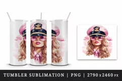 Watercolor beautiful woman pilot in uniform with cap and pink glasses glamor 20oz tumbler skinny mug wrap clipart t-shirt sublimation printable design