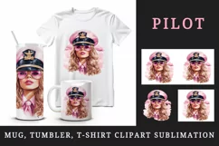 Watercolor beautiful woman pilot in uniform with cap and pink glasses glamor 20oz tumbler skinny mug wrap clipart t-shirt sublimation printable design