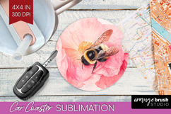 Bee Car Coaster - Watercolor Bee Coaster PNG Sublimation Product Image 1