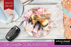Bee Car Coaster - Watercolor Bee Coaster PNG Sublimation Product Image 1