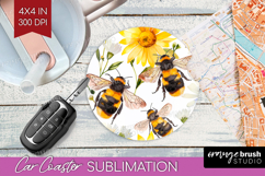 Bee Car Coaster - Watercolor Bee Coaster PNG Sublimation Product Image 1