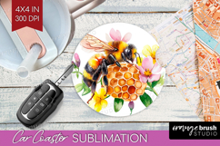 Bee Car Coaster - Watercolor Bee Coaster PNG Sublimation Product Image 1