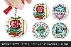 Watercolor best teacher ever globe shield apple with books chalkboard sparkles appreciation quote print round keychain keychains sublimation design