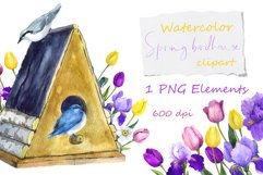 Watercolor Spring Birdhouse, family blue bird, pink tulip Product Image 1