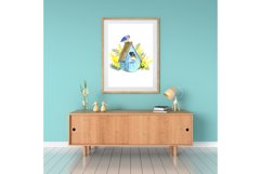 Watercolor Spring Birdhouse, family blue bird, yellow mimosa Product Image 4