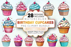 Watercolor Birthday Cupcakes Clipart Bundle Product Image 1