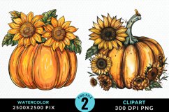 Watercolor Black And Gold Floral Pumpkins Clipart Product Image 1