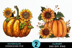 Watercolor Black And Gold Floral Pumpkins Clipart Product Image 1