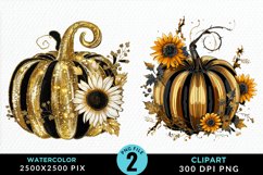 Watercolor Black And Gold Floral Pumpkins Clipart Product Image 1