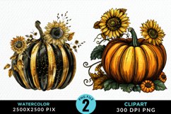 Watercolor Black And Gold Floral Pumpkins Art Clipart Product Image 1