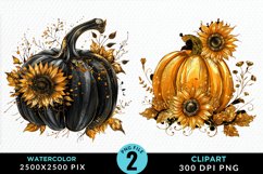 Watercolor Black And Gold Floral Pumpkins Clipart Product Image 1