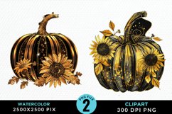 Watercolor Black And Gold Floral Pumpkins Art Clipart Product Image 1