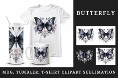 Watercolor black butterfly floral sparkle flowers insect shining diamonds 20 oz tumbler skinny mug wrap clipart t-shirt sublimation printable design