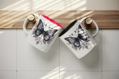Watercolor black butterfly floral sparkle flowers insect shining diamonds 20 oz tumbler skinny mug wrap clipart t-shirt sublimation printable design