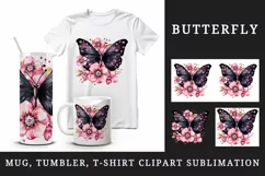 Watercolor black butterfly floral sparkle flowers insect shining diamonds 20 oz tumbler skinny mug wrap clipart t-shirt sublimation printable design