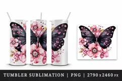 Watercolor black butterfly floral sparkle flowers insect shining diamonds 20 oz tumbler skinny mug wrap clipart t-shirt sublimation printable design