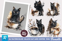 Watercolor Black Cat and Coffee Clipart Bundle Product Image 1