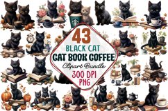 Watercolor Black Cat Book Coffee Clipart, Black Cat Book Coffee Clipart, Cat Clipart Bundle, Black Cat Book Coffee Clipart,  Black cat coffee Clipart Bundle, Black Cat Watercolor Sublimation Clipart, Black Cat Book Coffee Clipart Bundle, Black cat coffee 
