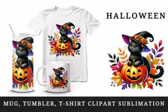 Watercolor black cat hat on jack-o-lantern pumpkin Halloween circular print 20 oz tumbler skinny mug wrap clipart t-shirt sublimation printable design