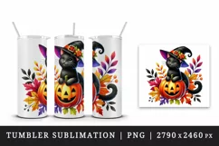 Watercolor black cat hat on jack-o-lantern pumpkin Halloween circular print 20 oz tumbler skinny mug wrap clipart t-shirt sublimation printable design