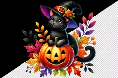 Watercolor black cat hat on jack-o-lantern pumpkin Halloween circular print 20 oz tumbler skinny mug wrap clipart t-shirt sublimation printable design