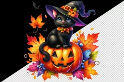 Watercolor black cat hat on jack-o-lantern pumpkin Halloween print 20 oz tumbler skinny mug wrap clipart t-shirt sublimation printable design
