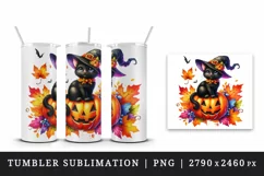 Watercolor black cat hat on jack-o-lantern pumpkin Halloween print 20 oz tumbler skinny mug wrap clipart t-shirt sublimation printable design