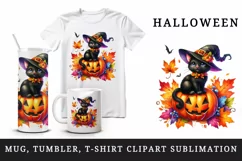 Watercolor black cat hat on jack-o-lantern pumpkin Halloween print 20 oz tumbler skinny mug wrap clipart t-shirt sublimation printable design