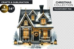 Watercolor Black &amp; Gold Christmas House Clipart PNG Product Image 1