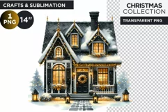 Watercolor Black & Gold Christmas House Clipart PNG Product Image 1