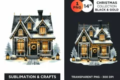 Watercolor Black & Gold Christmas House Clipart PNG Product Image 2