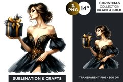 Black &amp; Gold Christmas Girl Clipart PNG Product Image 1