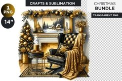 Watercolor Black &amp; Gold Christmas fireplace Clipart PNG Product Image 1