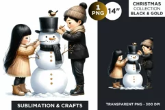 Black & Gold Christmas Kids with Snowman Clipart PNG Product Image 1