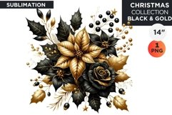 Watercolor Black &amp; Gold Christmas Flowers Clipart PNG Product Image 1
