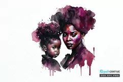 Watercolor black Mom and Daughter PNG Clipart Product Image 1