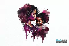Watercolor black Mom and Daughter PNG Clipart Product Image 1