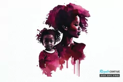 Watercolor black Mom and Daughter PNG Clipart Product Image 1