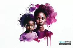 Watercolor black Mom and Daughter PNG Clipart Product Image 1